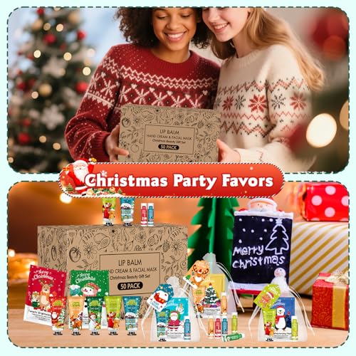 50 Pack Christmas Hand Cream, Facial Mask and Lip Balm Gift Set, Stocking Stuffers for Women, Bulk Christmas Gifts with Christmas Cards Organza Bag for Christmas Party Supplies, Christmas Decorations