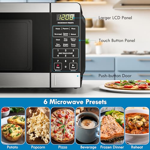 Stainless Steel Countertop Microwave 0.7 Cu Ft 700W with 6 Auto Presets & Child Lock