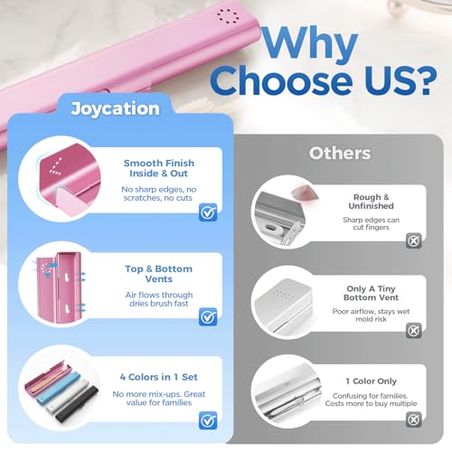 4 Pack Aluminum Travel Toothbrush Cases with Ventilation - Portable & Hygienic - Black, Silver, Pink, Blue