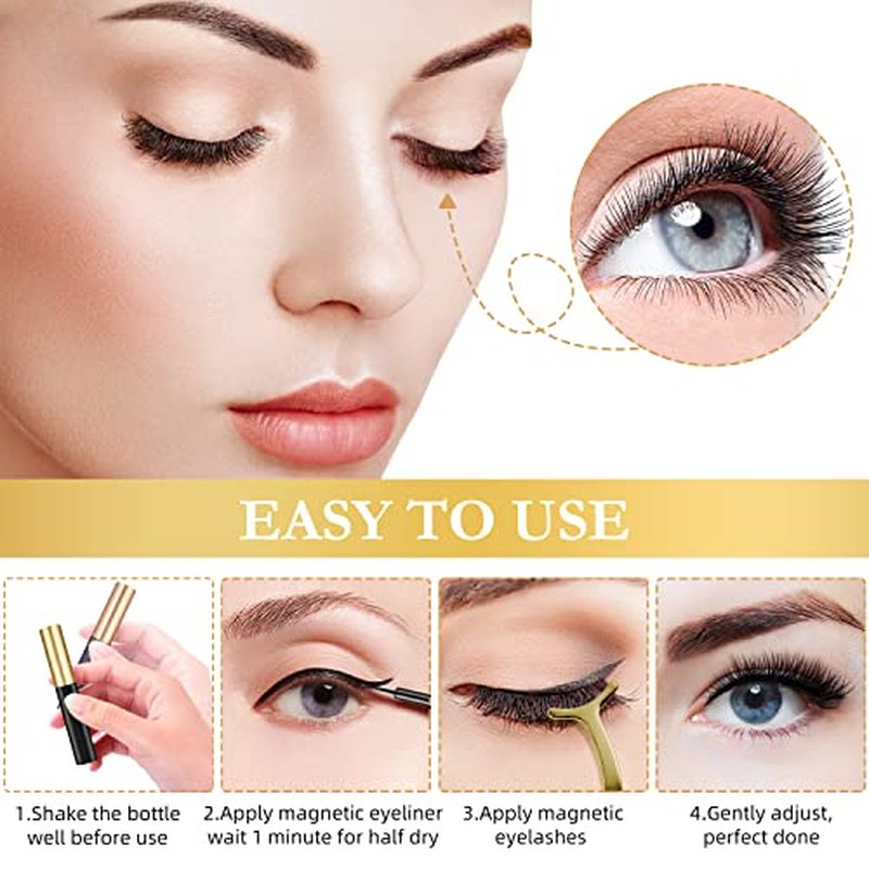 Magnetic Eyelashes, 14 Pairs False Lashes with 3 Tubes of Magnetic Eyeliner, Magnetic Lashes, Natural Look Kit with Tweezers, Reusable, No Glue