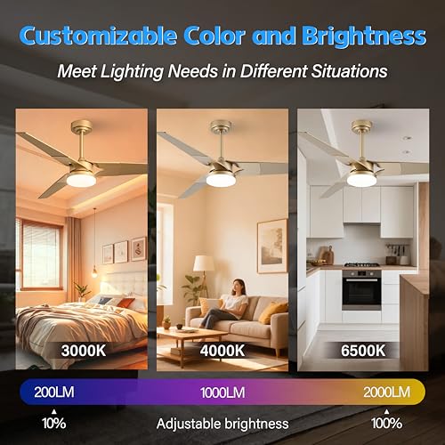 52 Inch Gold Ceiling Fan with Lights and Remote - Reversible Low Profile Fan