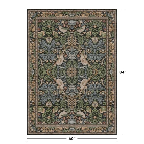 Dark Green 5x7 Vintage Floral Area Rug with Bird Motifs, Non-Slip, Low Pile