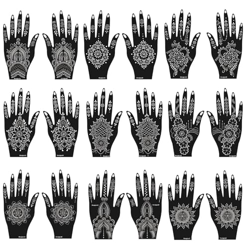 Henna Tattoo Stencils Kit, 18 Sheets Self-Adhesive Templates, Indian Mehndi Designs for Hands, Traditional Body Art