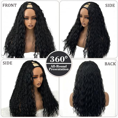 Black Water Wave V Part Wig 26 Inch Synthetic U Part Lace Front Hairpiece for Black Women - 180% Density #1B