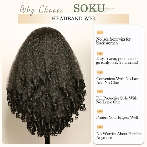 Afro Curly Headband Wig - 20 Inch Synthetic Kinky Curls for Black Women (Dark Brown Variation)