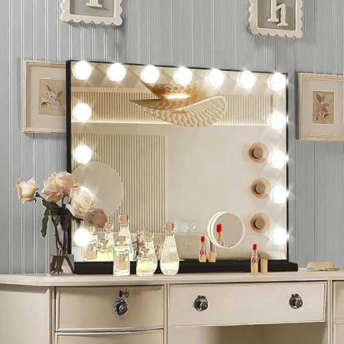 Black Hollywood Vanity Mirror with Lights, 15 Dimmable Bulbs, 3 Color Lights,Make Up Lighted Mirror, Aluminum Metal Frame, USB Charging Port£¨23" x 18"£©