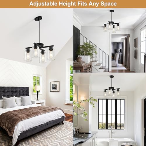 Black Farmhouse Chandelier 4-Light D18 Adjustable Pendant Lighting - Xeruyiwa