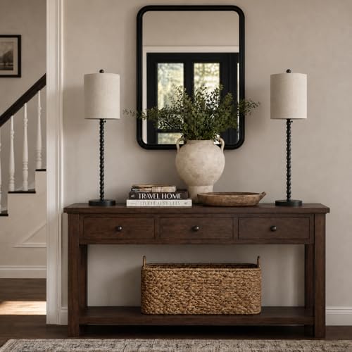 Buffet Lamps Set of 2 - 30-Inch Tall Table Lamps with Metal Bases & Linen Shades - Matte Black, UL Certified
