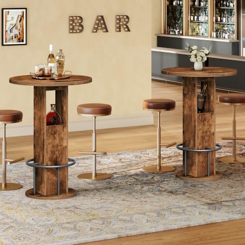 Rustic Brown Round Bar Table - 35.6" H Bistro Pub Table with Footrest