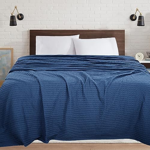 Oversized King Cotton Blanket - 120x120 Inches Blue - Soft Breathable Waffle Bed Cover