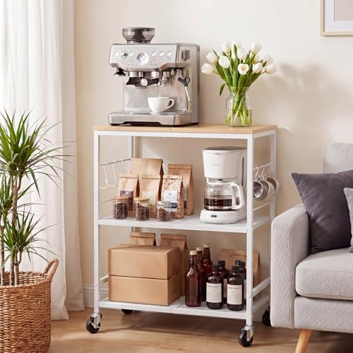 White 3-Tier Rolling Kitchen Cart with Lockable Wheels & 6 Hooks