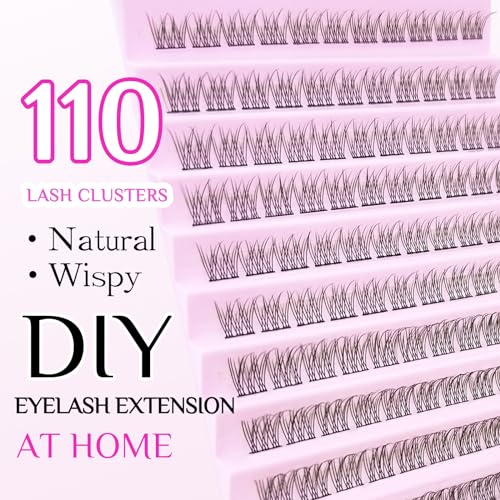 Lash Clusters Wispy Natural D Curl Eyelash Extension DIY 10-12MM Mixed Fluffy Individual Lashes Thin Band 110pcs,10mm 11mm 12mm False Eyelashes