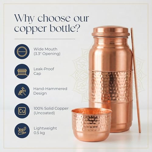 Inanosa 68 oz Copper Water Bottle Set with Cup Straw & Canvas Bag - Hand-Hammered Lab-Tested