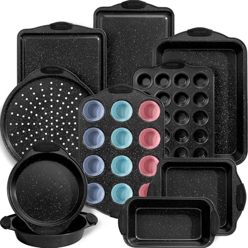 Kikcoin Black 22-Piece Nonstick Bakeware Set with Silicone Handles, Oven Safe, Stackable