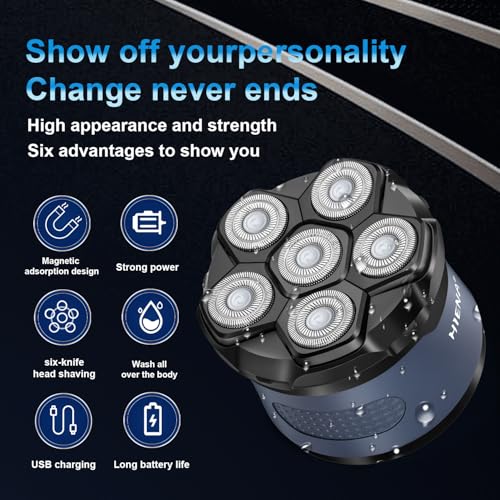 HIENA PRO Head Shaver for Bald Men - 6D Magnetic Rotating Shaver, Rechargeable Bald Head Razor Kit, Waterproof Electric Razor with LED Display (Blue)