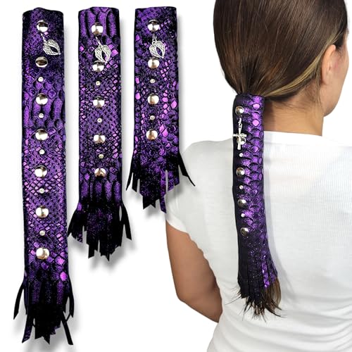 Purple 8-Inch Glitter Leather Hair Wrap for Ponytail & Helmet - Handmade in USA