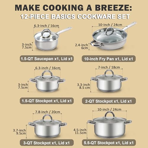 12-Piece Stainless Steel Cookware Set with Handles - Silver, Versatile & Oven Safe