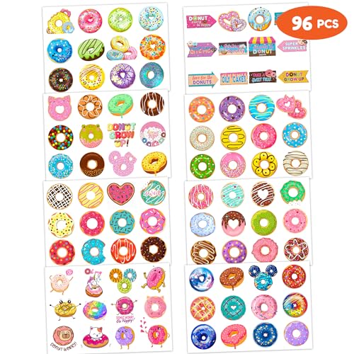 96 PCS Donut Temporary Tattoos Party Decorations Favors Supplies Doughnut Candyland Candy Theme Birthday Cute Sweet Tattoo Stickers Christmas Gifts for Boys Girls Kids Classroom School Prizes Carnival