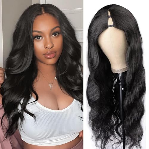 Human Hair U Part Wig 20 Inch Body Wave Natural Black 180% Density Beginner Friendly