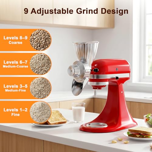 FOCOLLK KitchenAid Grain Mill Attachment, Silver — 9 Grind Settings