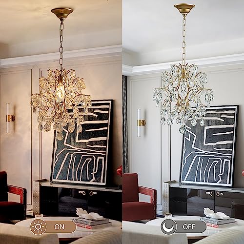 Bestier Gold Modern Pendant Chandelier with Crystal Raindrops - D13" x H16" Ceiling Light for Dining & Living Room