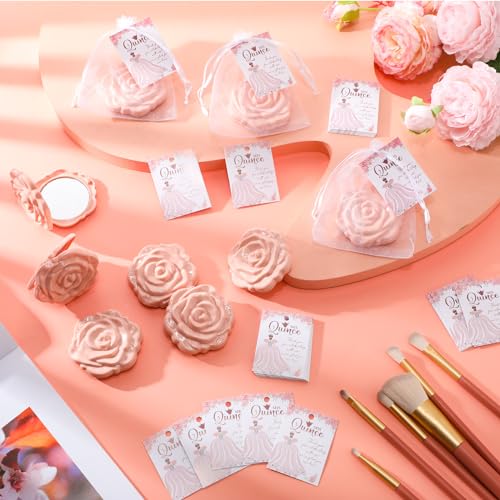 Pink Rose Compact Mirrors Party Favors - 50 Sets for Quinceañera & Sweet 16 - Elegant Guest Gifts