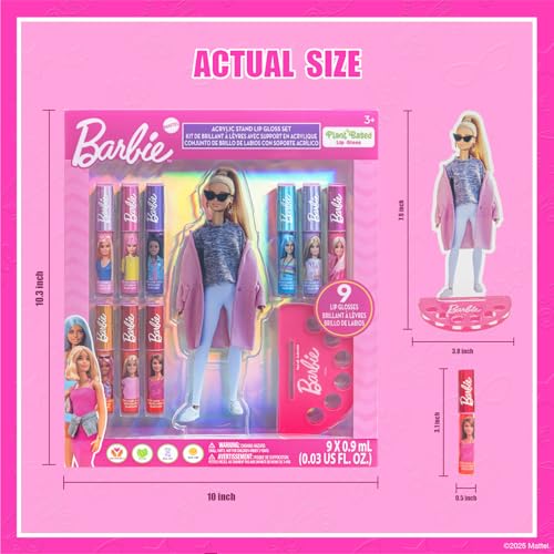 Townley Girl Barbie Lip Gloss with Acrylic Stand for Storage and Display, Plant Based Lip Gloss, Perfect for Parties, Sleepovers, Makeovers, Birthday Gift for Girls, Age 3