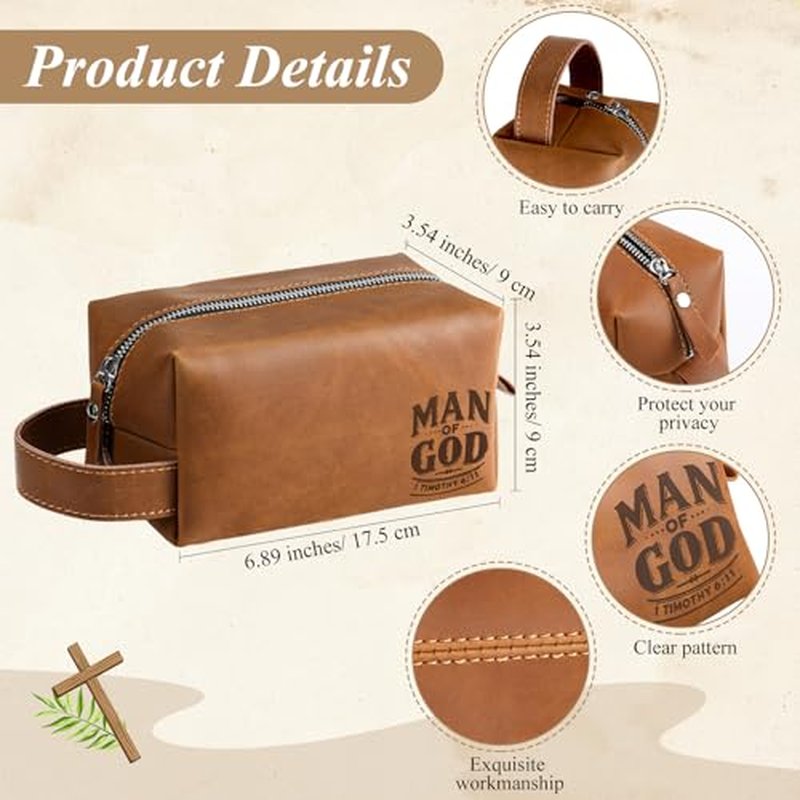 3 Pcs Easter Man of God Theme Gift for Men Christian 11.2oz Inspirational Coffee Mug Religious Bible Verse Leather Toiletry Bag Scripture Keychain for Dad Pastor Church Gift(Classic Color)