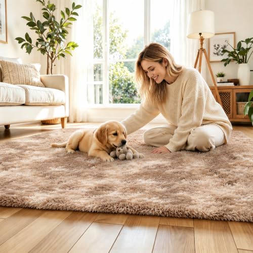 8x10 Dark Beige Tie-Dyed Shag Area Rug for Living Room & Bedroom, Soft Plush Carpet