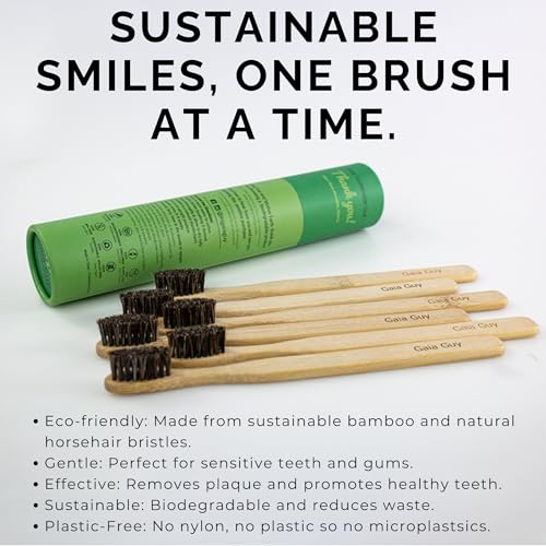 Natural Bamboo Toothbrush with Soft Horsehair Bristles - Eco-Friendly, Compostable, Zero Waste - 6 Pack
