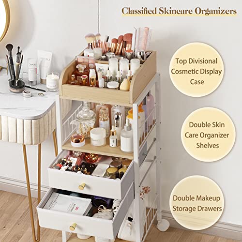 White Makeup Organizer with Drawers and Casters - Floor Vanity Storage for Cosmetics & Skincare