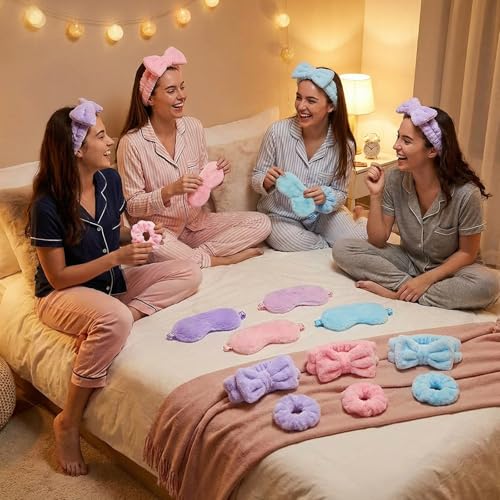 Spa Party Favor Set with Headbands Eye Masks Scrunchies & Bags - Pink, Blue, Purple