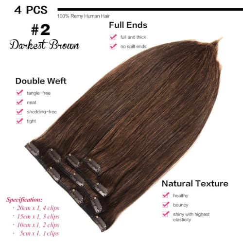 Clip in Hair Extensions Darkest Brown #G-2 14 Inch 60g 4Pcs Remy Human Hair
