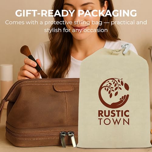 RUSTIC TOWN Leather Toiletry Bag for Men - Travel Gift Shaving Ditty Kit - Bathroom Shower Toiletries Organizer - Cosmetic Makeup Bag for Women