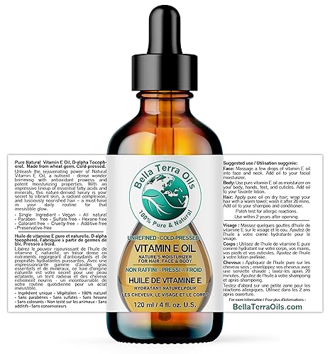 Bella Terra Oils Natural Vitamin E Oil 4oz - Wheat Germ Derived Face, Body & Hair Treatment