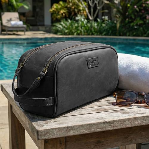 Rasavi Leather Travel Toiletry Bag - Black, Water-Resistant Dopp Kit for Men & Women