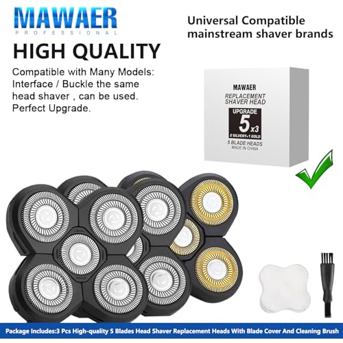 Universal 5-Blade Head Shaver Replacement Heads for Grooming & Trimming