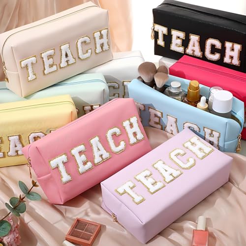 Preppy Colorful Makeup Bag for Teachers - PU Leather Cosmetic Organizer with Glitter Teach Variation
