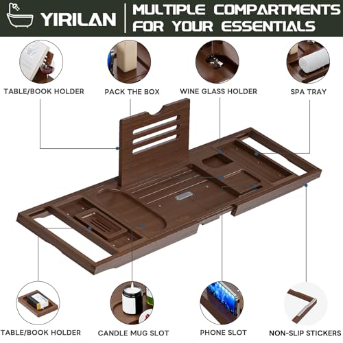 Foldable Bamboo Bathtub Caddy Tray - Adjustable Bath Tray for Tub - Brown - Yirilan