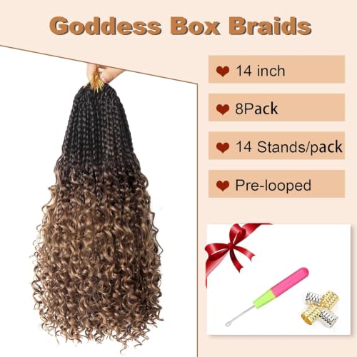 14 Inch Goddess Box Braids Crochet Hair with Curly Ends - Pack of 8, 1B-4-30