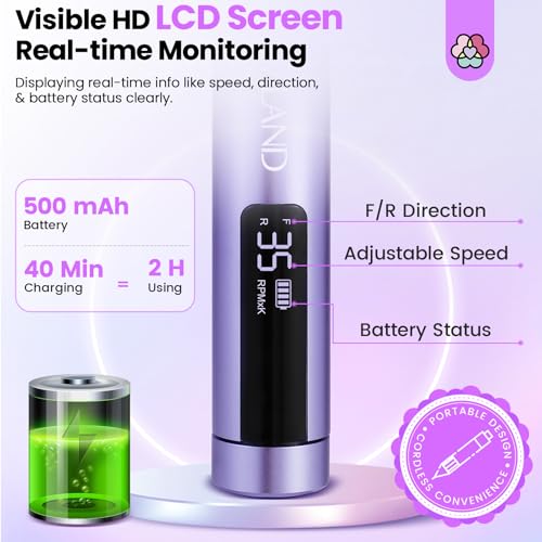 SAVILAND Electric Nail Drill: 35000RPM Cordless Electric Nail File Portable Nail Drill Professional 0 Vibration Hight Speed for 3 Mins Removal Acrylic for Manicure Pedicure Nail Salon at Home£¨Purple£©