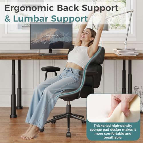Ergonomic Home Office Desk Chair - Black PU Leather Computer Chair, Adjustable & Supportive