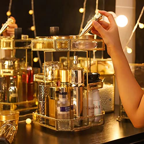 Yamfurvo 360 Degree Rotation Makeup Organizer Antique Countertop Cosmetic Storage Case, Glass Beauty Display, Gold Spin Large Capacity Holder for Brushes Lipsticks Skincare Toner
