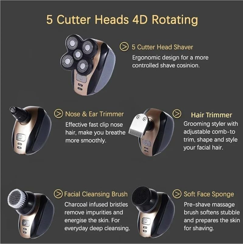 Men's Electric Bald Razor - 5-in-1 Grooming Kit with Gold Finish, Waterproof Head Shaver & Trimmer