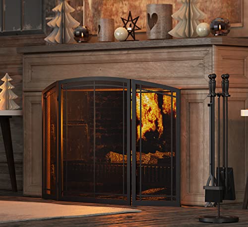 FireBeauty 3‑Panel Wrought Iron Fireplace Screen 48x30 Inch Black Guard