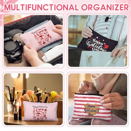 FoldTier 9 Pcs Galentine's Day Gift Bags Set – 9.1 x 5.9 in Canvas Zip Bags for Friends