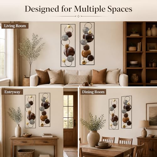 Brown Metal Wall Art Set of 2 for Home Decor - Geometric 3D Rustic Wall Hangings