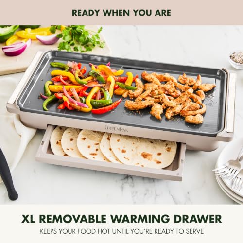 Electric Griddle 10.5x20 Inch with Warming Drawer - Ceramic Nonstick, PFAS-Free, Adjustable Temperature, Dishwasher Safe, Clay