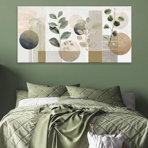Green and White Boho Wall Art Canvas Set 24x48 Inches Mid Century Geometric