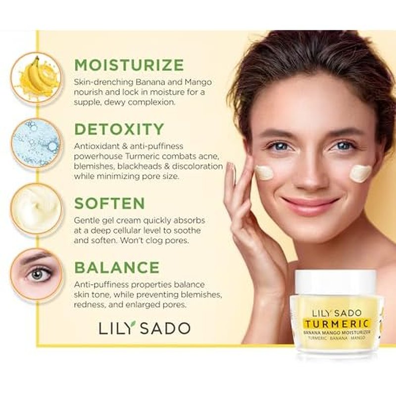 LILY SADO Turmeric Banana Mango Face Moisturizer - Luscious Creamy Nutrient-Rich Natural Daily Facial Cream w Chamomile & Rosemary - Vegan Anti-Aging Lotion For Wrinkles & Fine Lines